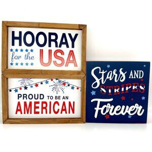3 Patriotic Proud America USA Decor Tabletop Signs Independence Day July 4th NEW